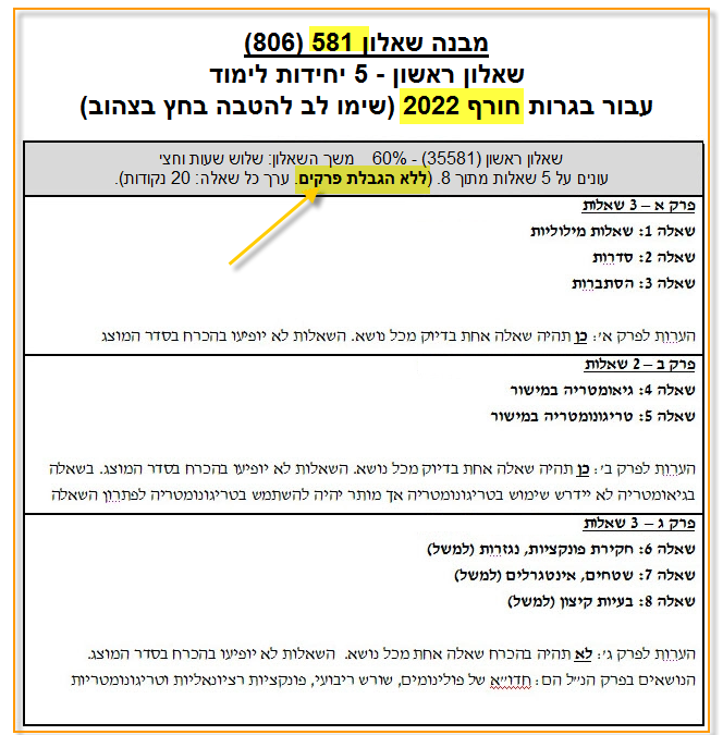 מבנה הבגרות במתמטיקה חורף 2021 שאלון 581 מבנה הבגרות במתמטיקה חורף 2021 שאלון 581