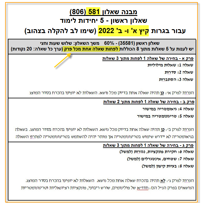 מבנה הבגרות במתמטיקה 2022 ששאלון 581