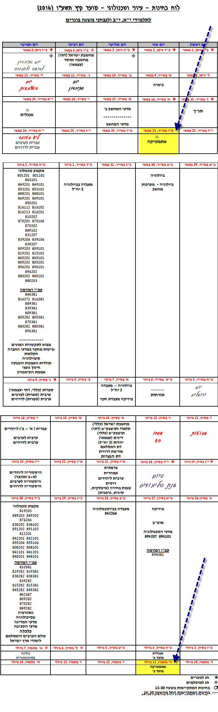 לוח בחינות בגרות 2016 מתמטיקה